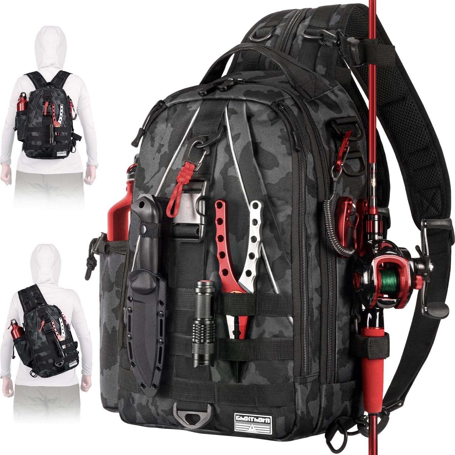 Ghosthorn Fishing Backpack with Rod Holder - Ultimate Tackle Sling Bag for Fly Fishing Enthusiasts - Perfect Gift for Men and Women