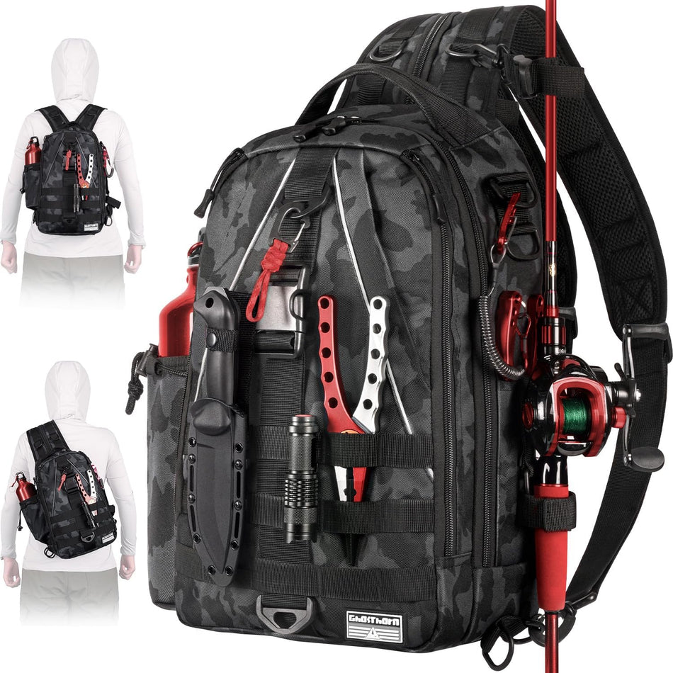 Ghosthorn Fishing Backpack with Rod Holder - Ultimate Tackle Sling Bag for Fly Fishing Enthusiasts - Perfect Gift for Men and Women