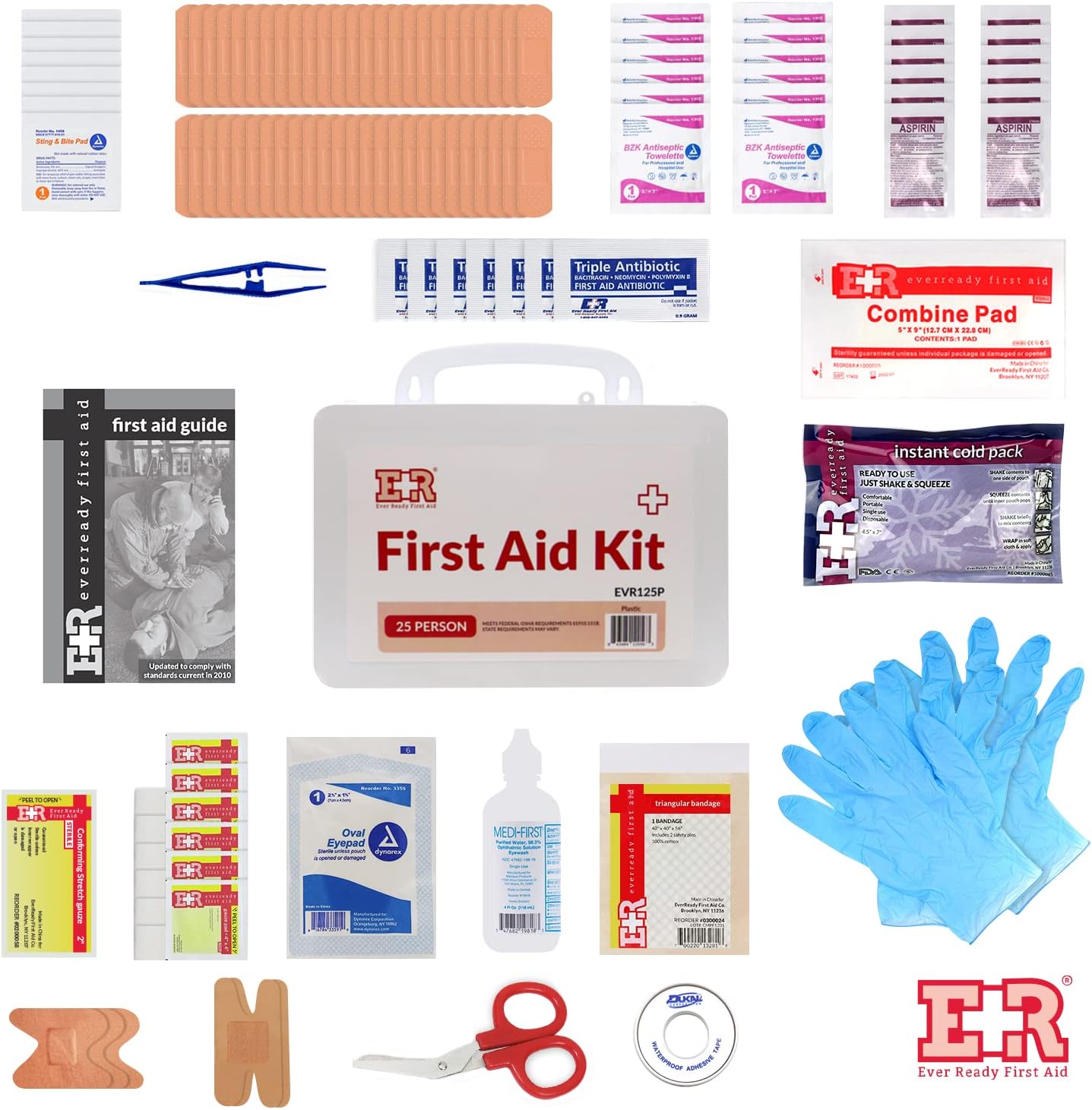107 Piece, 25 Person First Aid Kit with Plastic Case, OSHA Compliant - Get Tight Gear