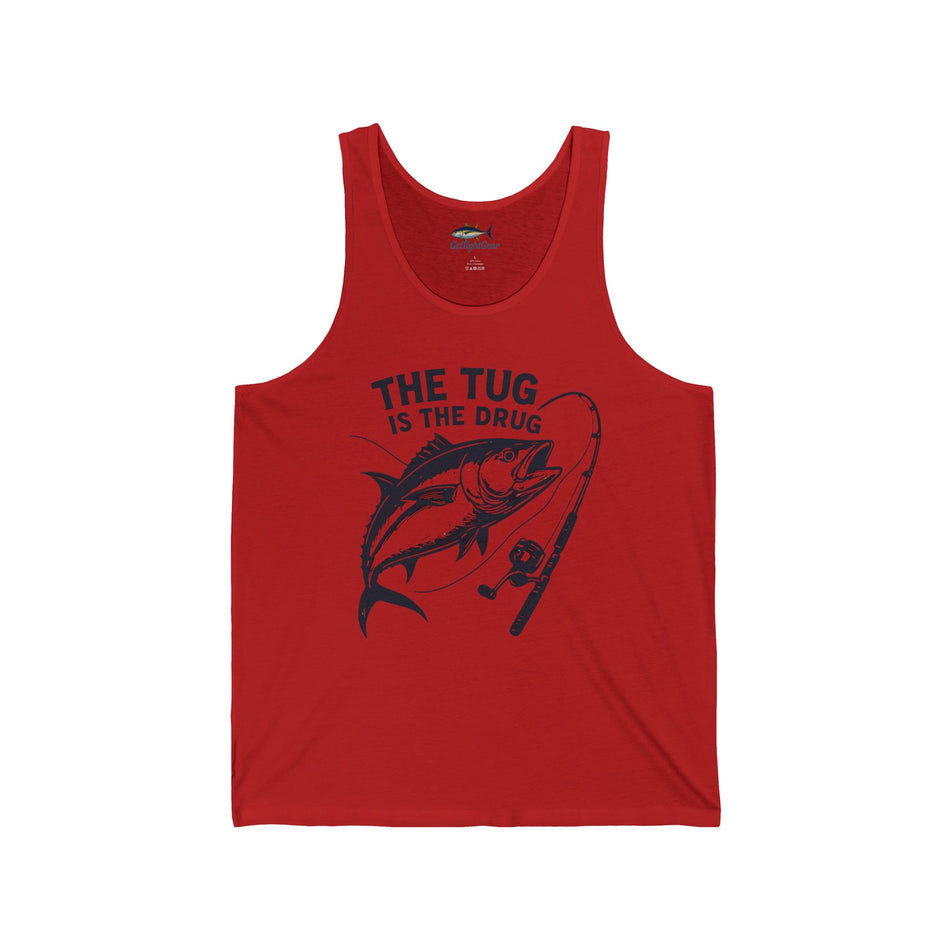 Camiseta unisex sin mangas para amantes de la pesca: "El tirón es la droga"