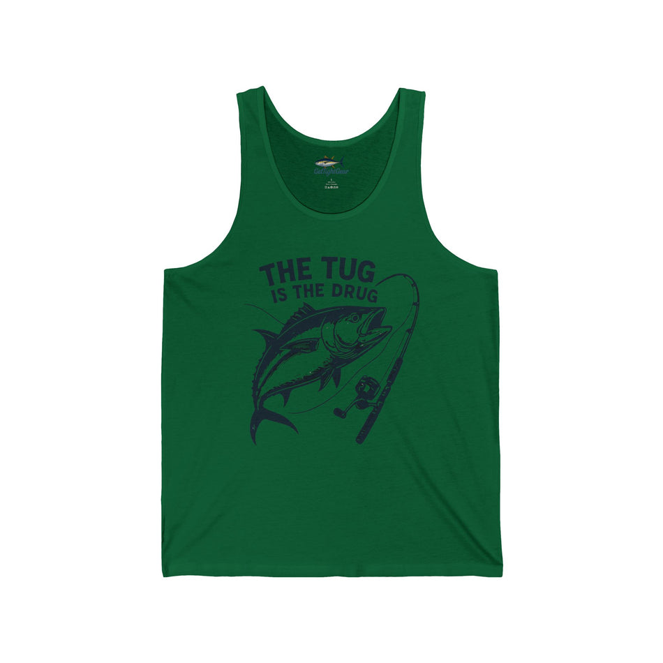 Camiseta unisex sin mangas para amantes de la pesca: "El tirón es la droga"
