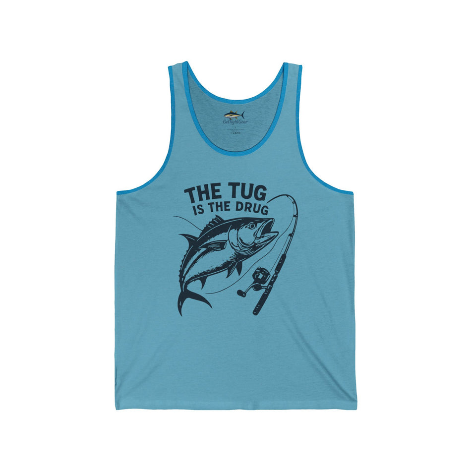 Camiseta unisex sin mangas para amantes de la pesca: "El tirón es la droga"