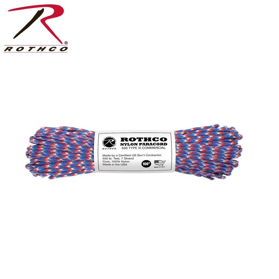Rothco 550lb Type III Nylon Camo Paracord Red / White / Blue Camo Size 100'