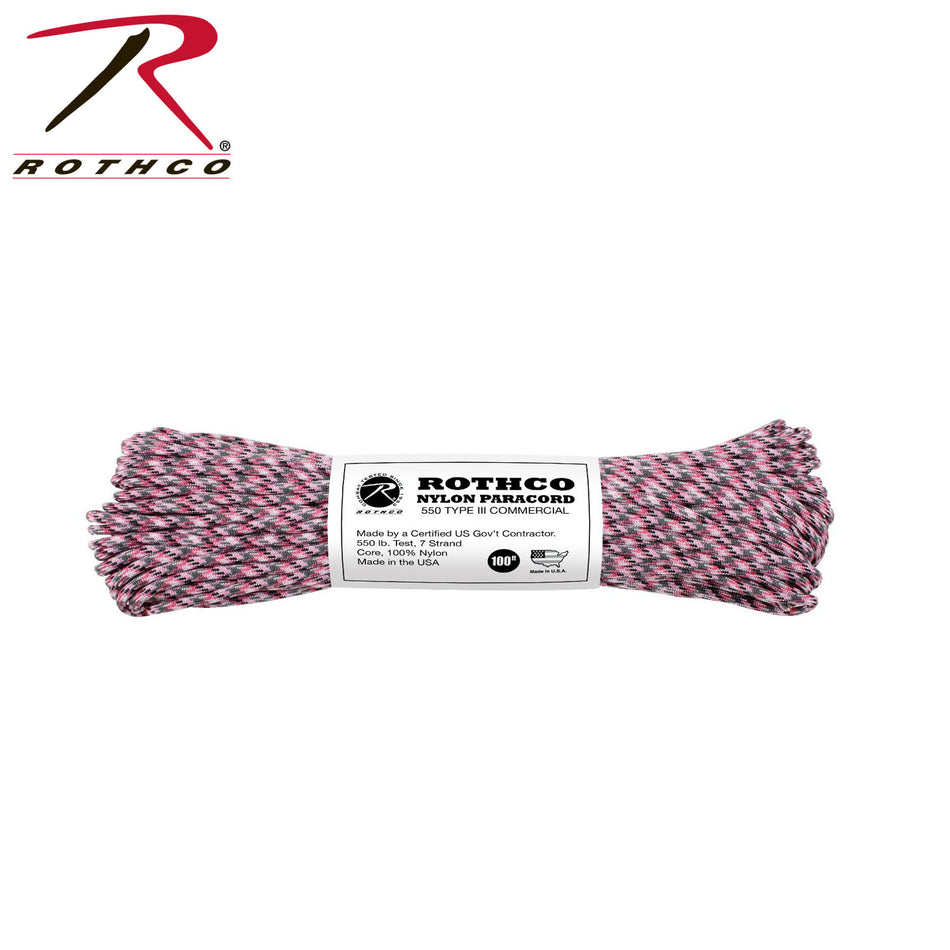 Rothco 550lb Type III Nylon Camo Paracord Pink Camo Size 100'