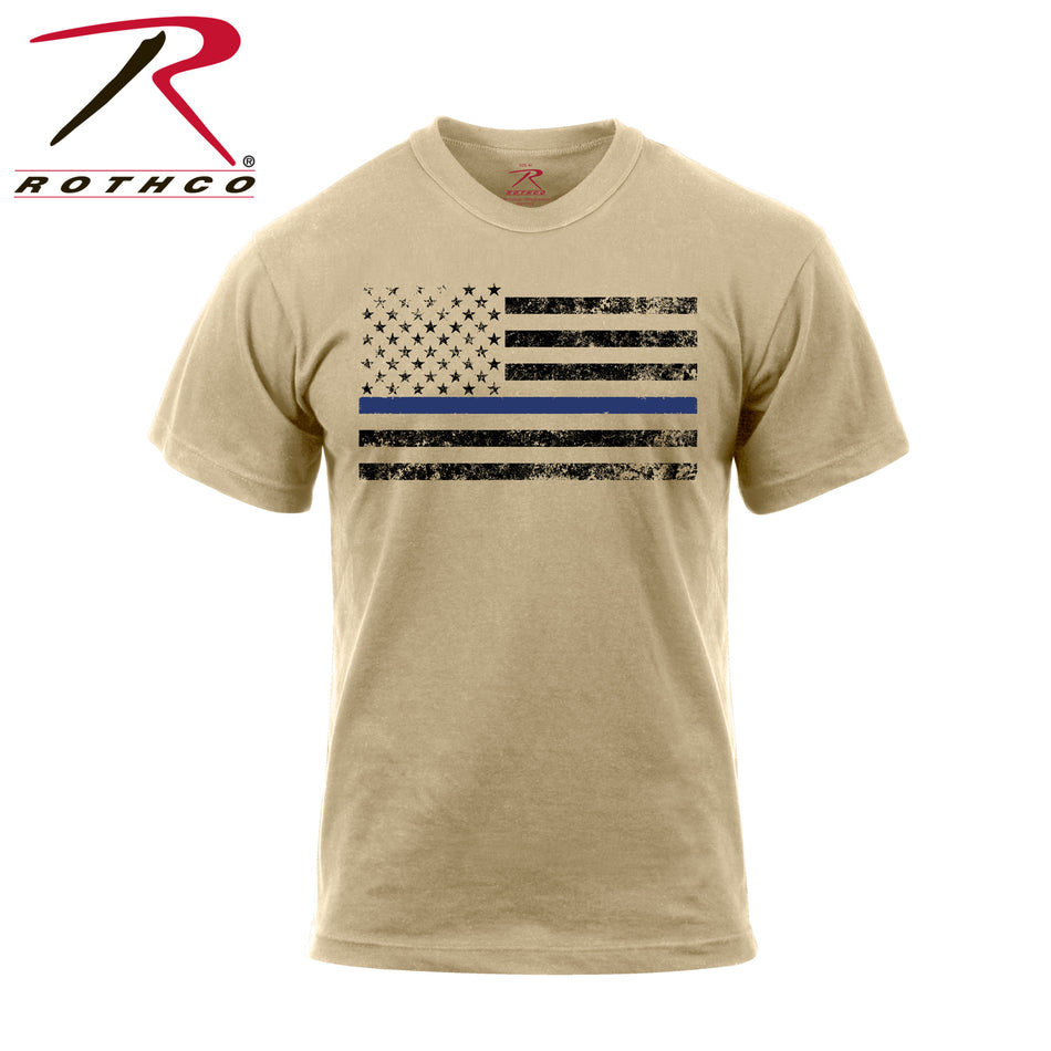 Rothco Thin Blue Line T-Shirt Desert Sand w/ Black Flag Size S