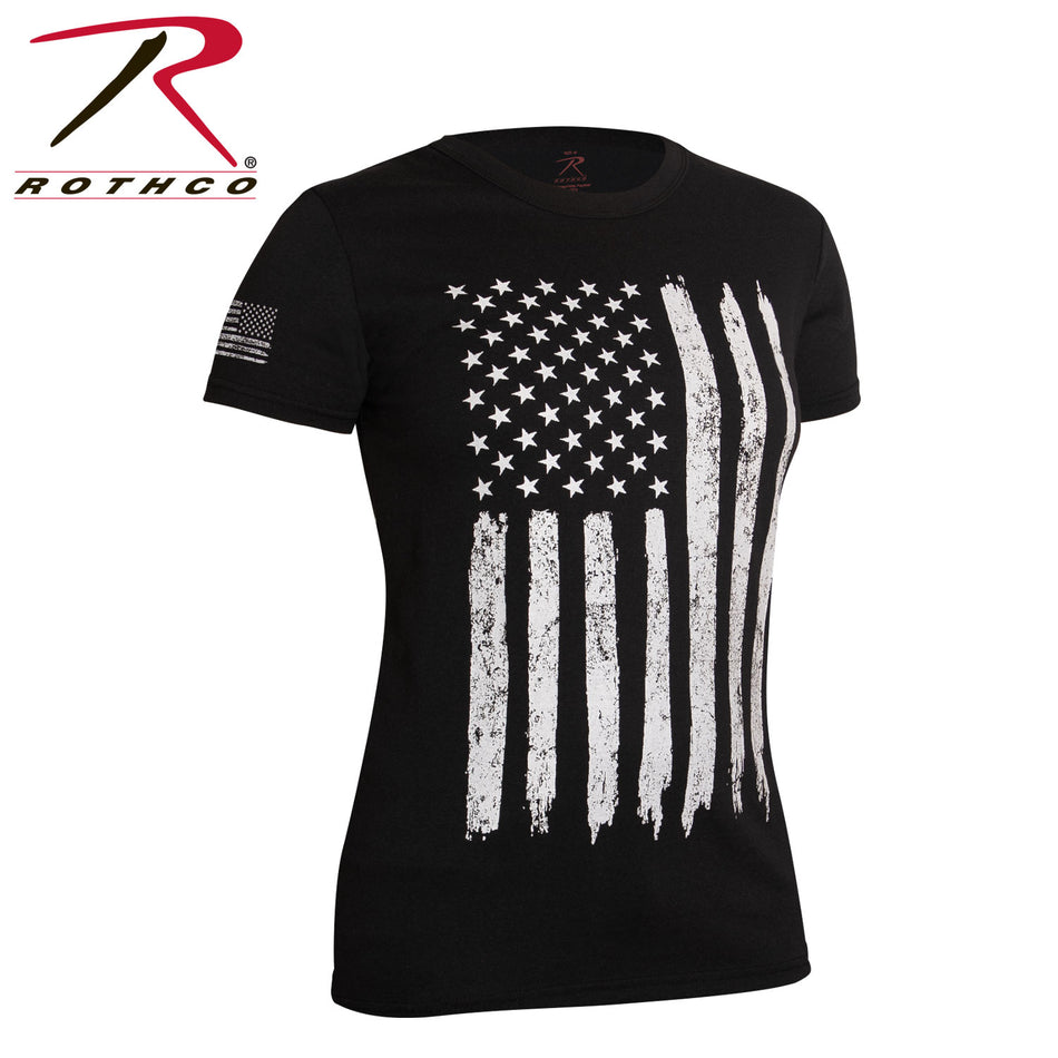Rothco Womens Distressed US Flag Long T-Shirt Black / White Size M