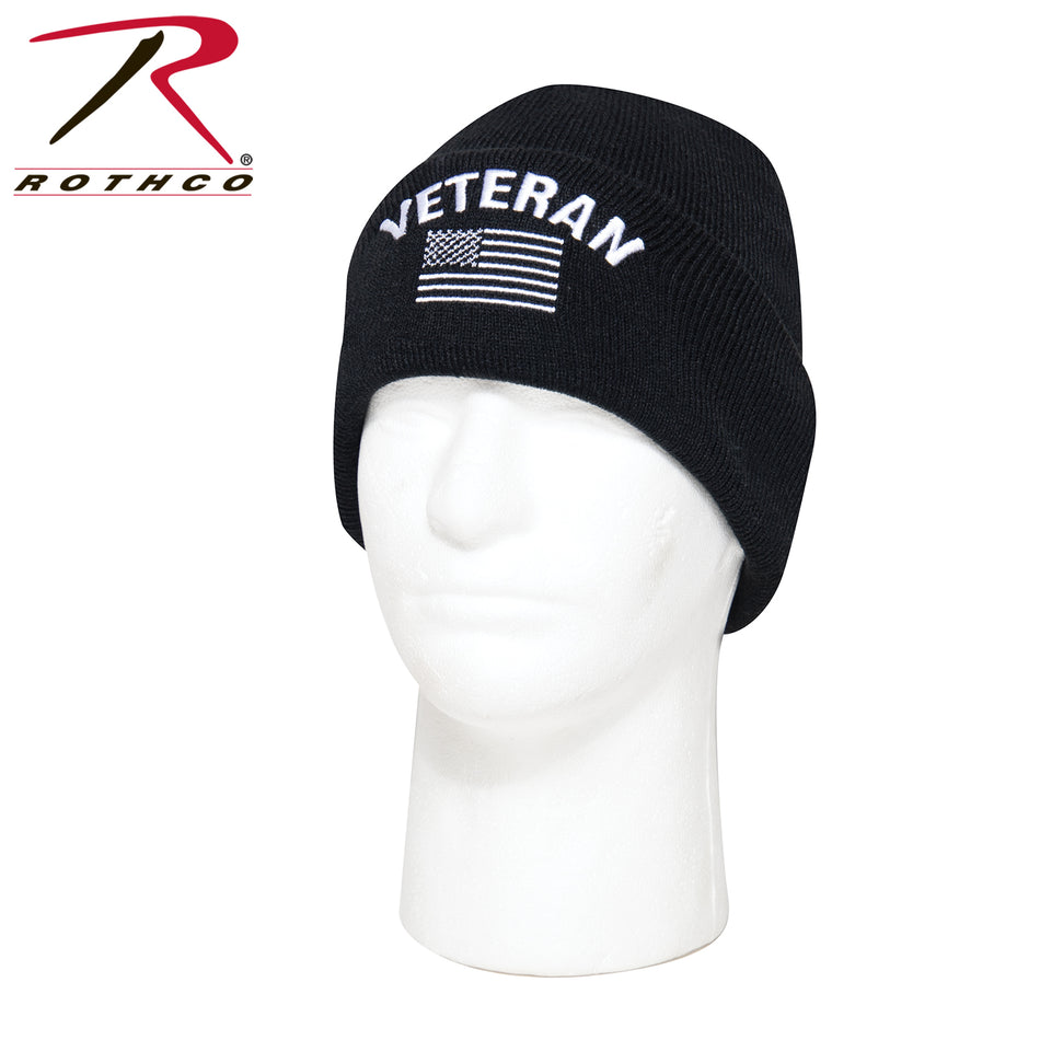 Rothco Veteran With US Flag Fine Knit Watch Cap - Black Black Size One Size