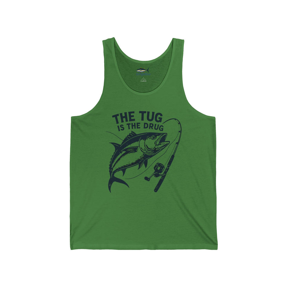 Camiseta unisex sin mangas para amantes de la pesca: "El tirón es la droga"