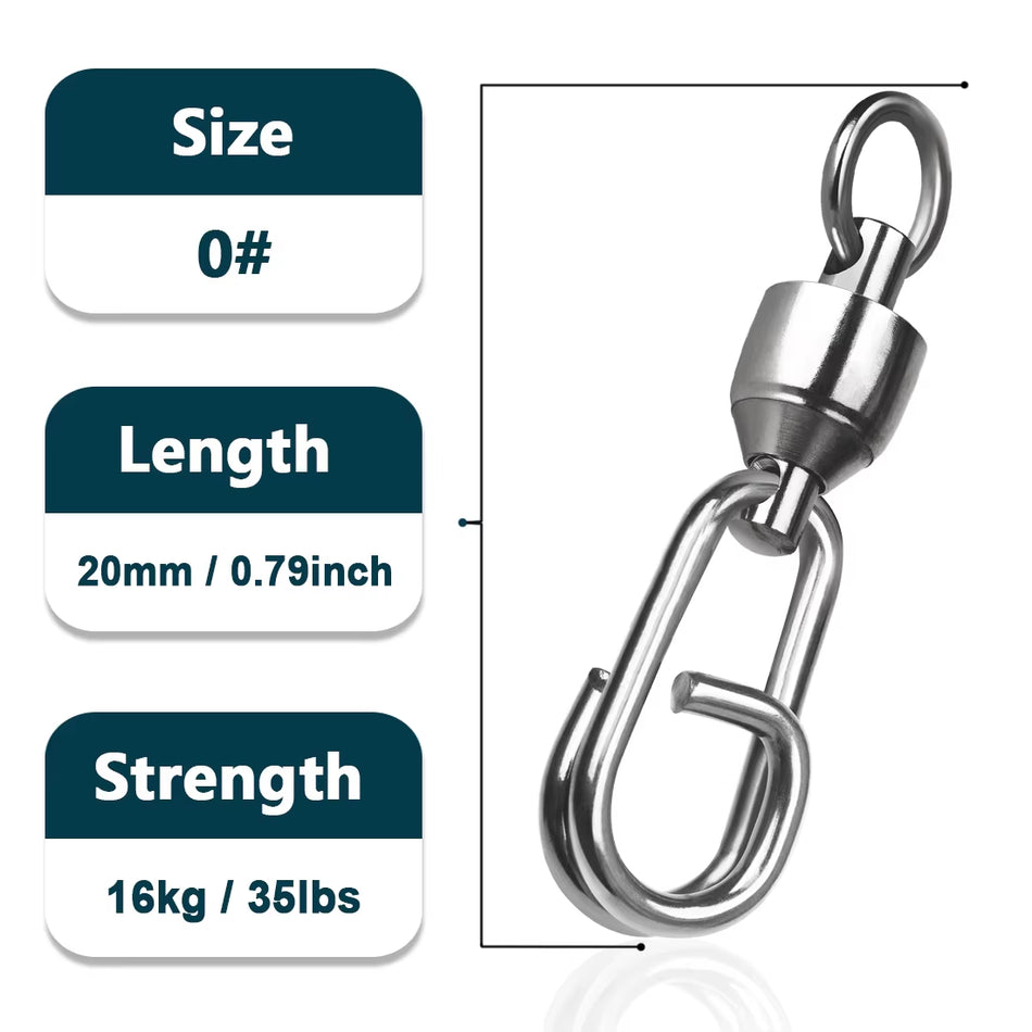 9KM Heavy-Duty Stainless Steel Fishing Swivels with Ball Bearing Snap Clips for Saltwater - Available in Quantities of 25 to 100 Pieces