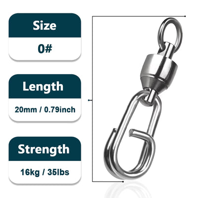 9KM Heavy-Duty Stainless Steel Fishing Swivels with Ball Bearing Snap Clips for Saltwater - Available in Quantities of 25 to 100 Pieces