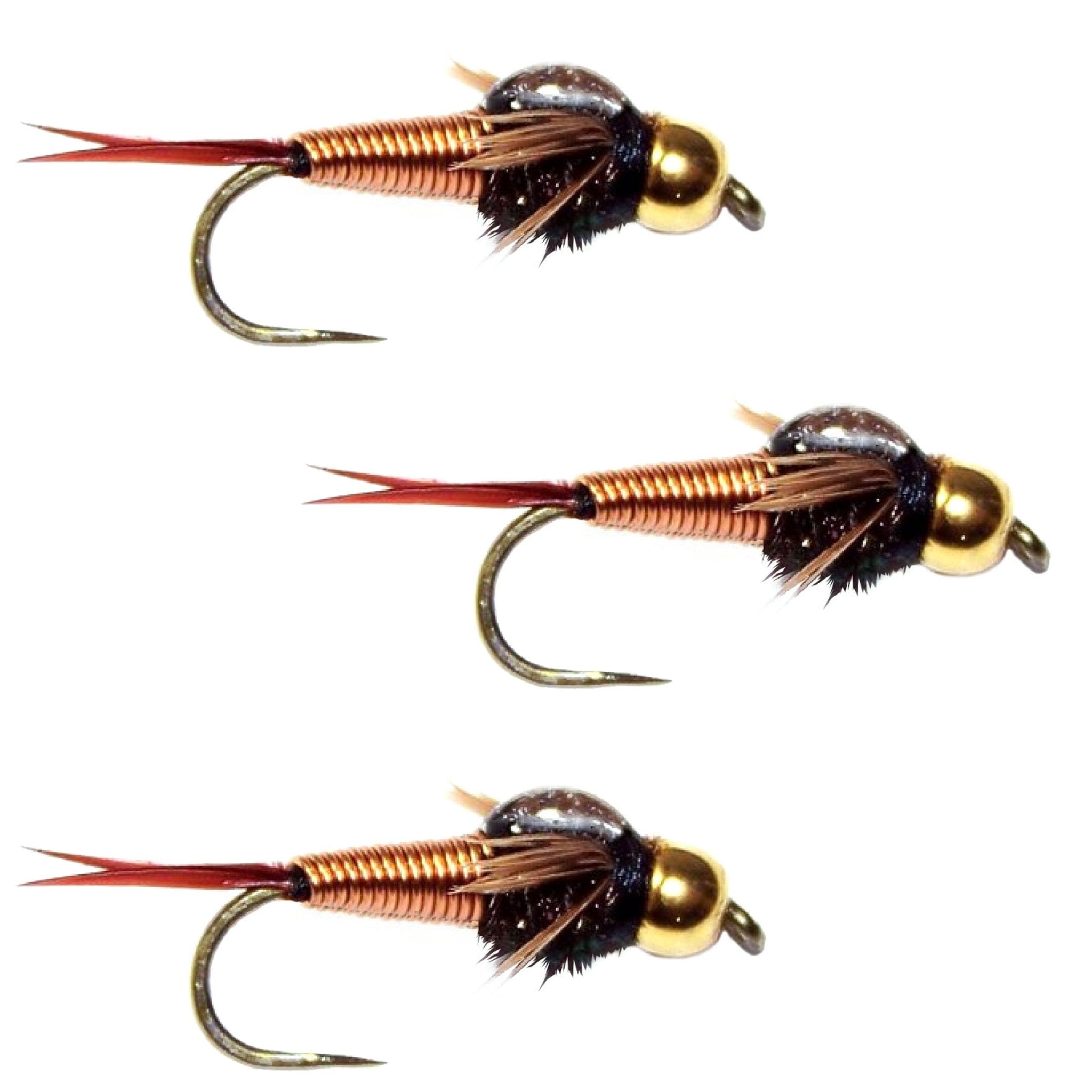 3 Pack Barbless Bead Head Copper John Nymph Fly Fishing Flies - Hook Size 12 - Get Tight Gear