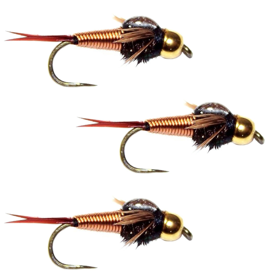 3 Pack Barbless Bead Head Copper John Nymph Fly Fishing Flies - Hook Size 12 - Get Tight Gear