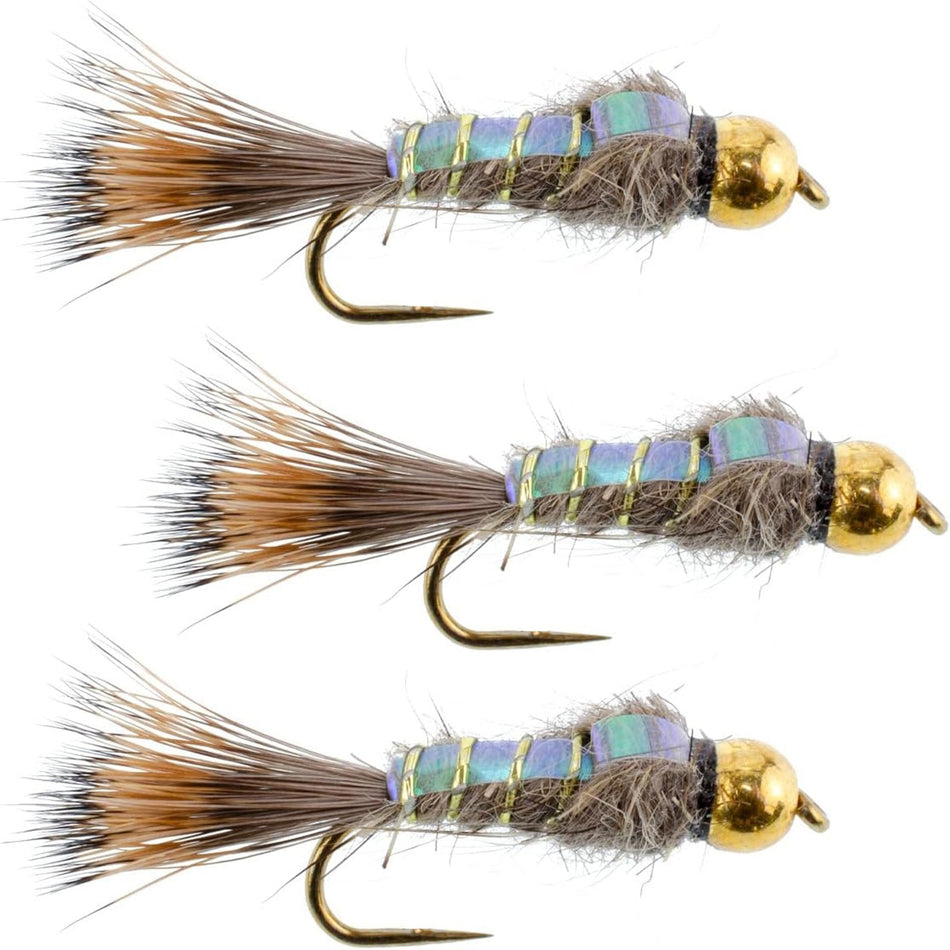 3 Pack Barbless Bead Head Flash Back Gold Ribbed Hare's Ear Nymph Flies Hook Size 16 - Get Tight Gear
