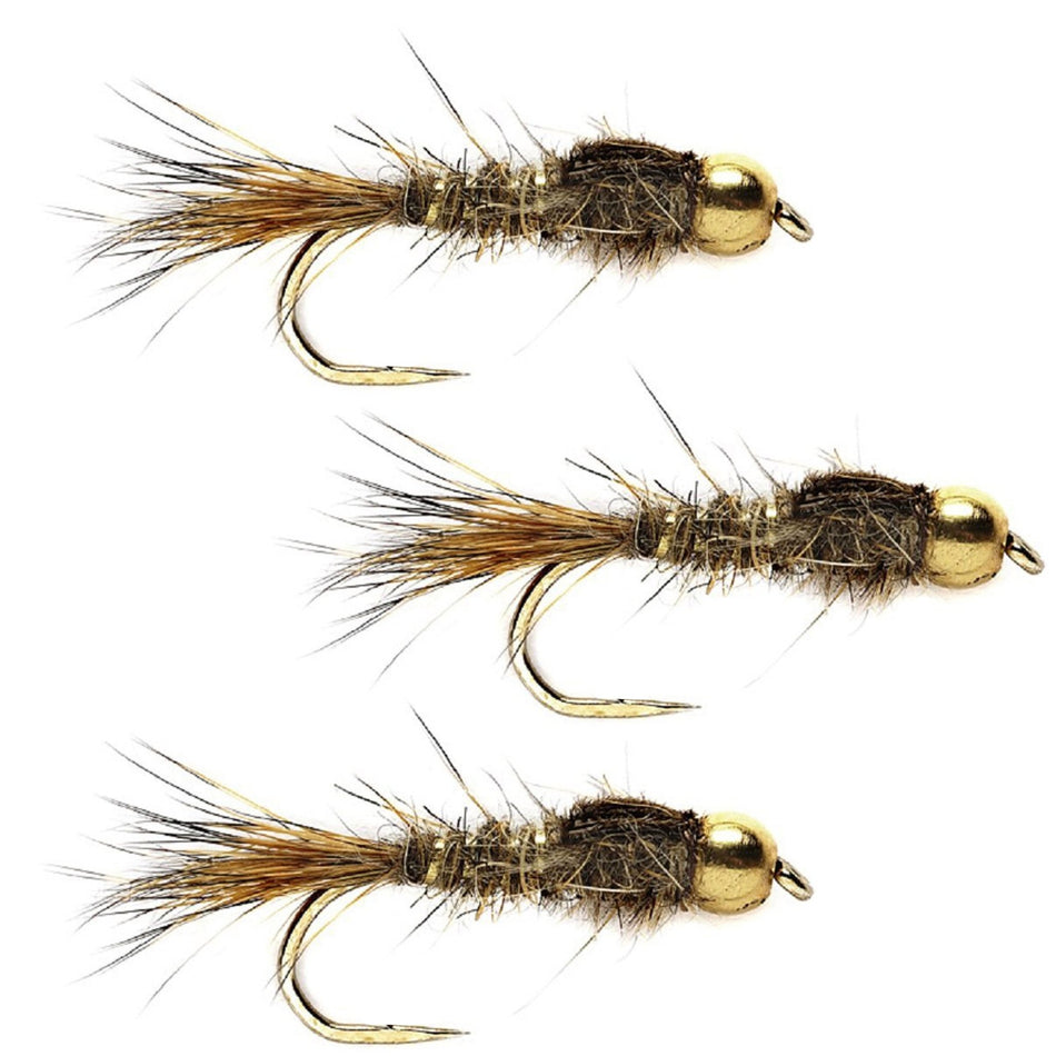 3 Pack Barbless Bead Head Gold Ribbed Hare's Ear Nymph Flies Hook Size 10 - Get Tight Gear