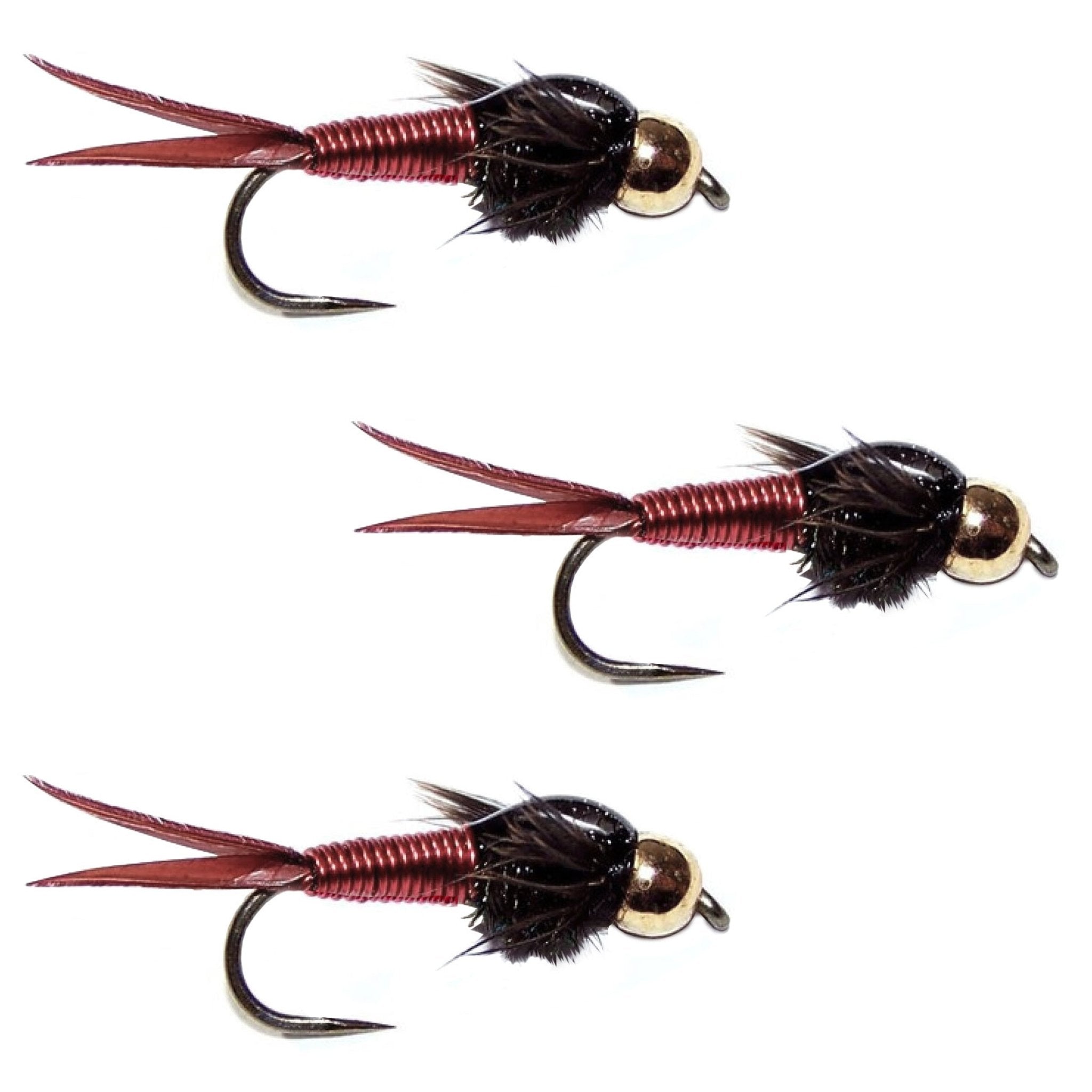 3 Pack Barbless Bead Head Red Copper John Nymph Fly Fishing Flies - Hook Size 14 - Get Tight Gear
