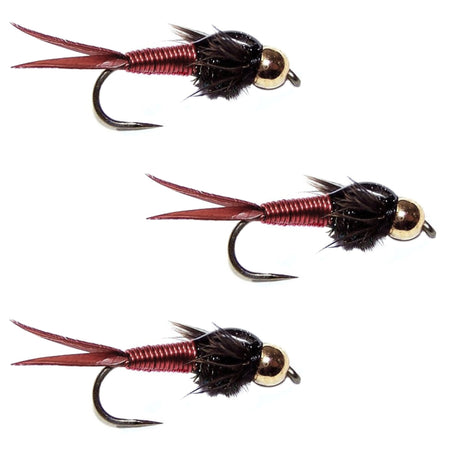 3 Pack Barbless Bead Head Red Copper John Nymph Fly Fishing Flies - Hook Size 14 - Get Tight Gear