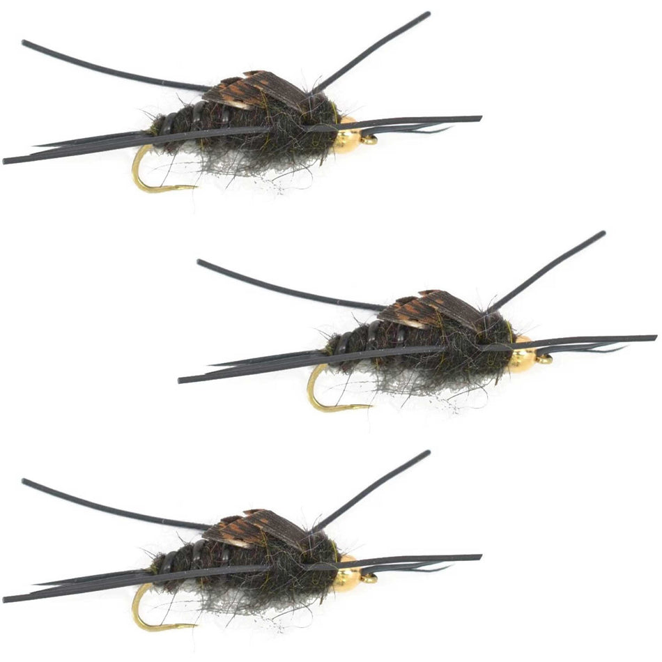 3 Pack Barbless Gold Bead Kaufmann's Black Stone Fly with Rubber Legs - Stonefly Wet Fly - Hook Size 4 - Get Tight Gear