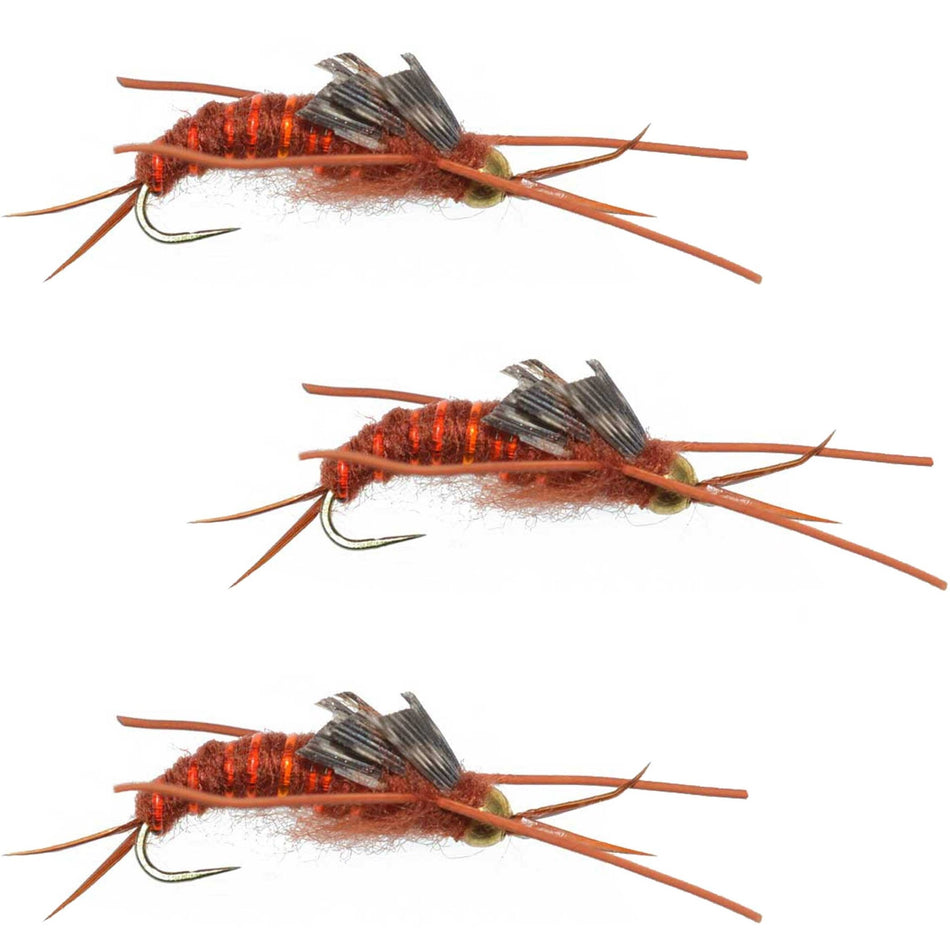 3 Pack Barbless Gold Bead Kaufmann's Brown Stone Fly with Rubber Legs - Stonefly Wet Fly - Hook Size 12 - Get Tight Gear