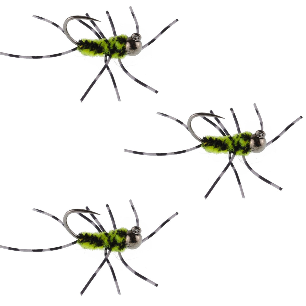 3 Pack Barbless Pat's Barred Rubber Legs Tungsten Bead Jigged Black/Chartreuse Euro Nymph - Hook Size 6 - Get Tight Gear