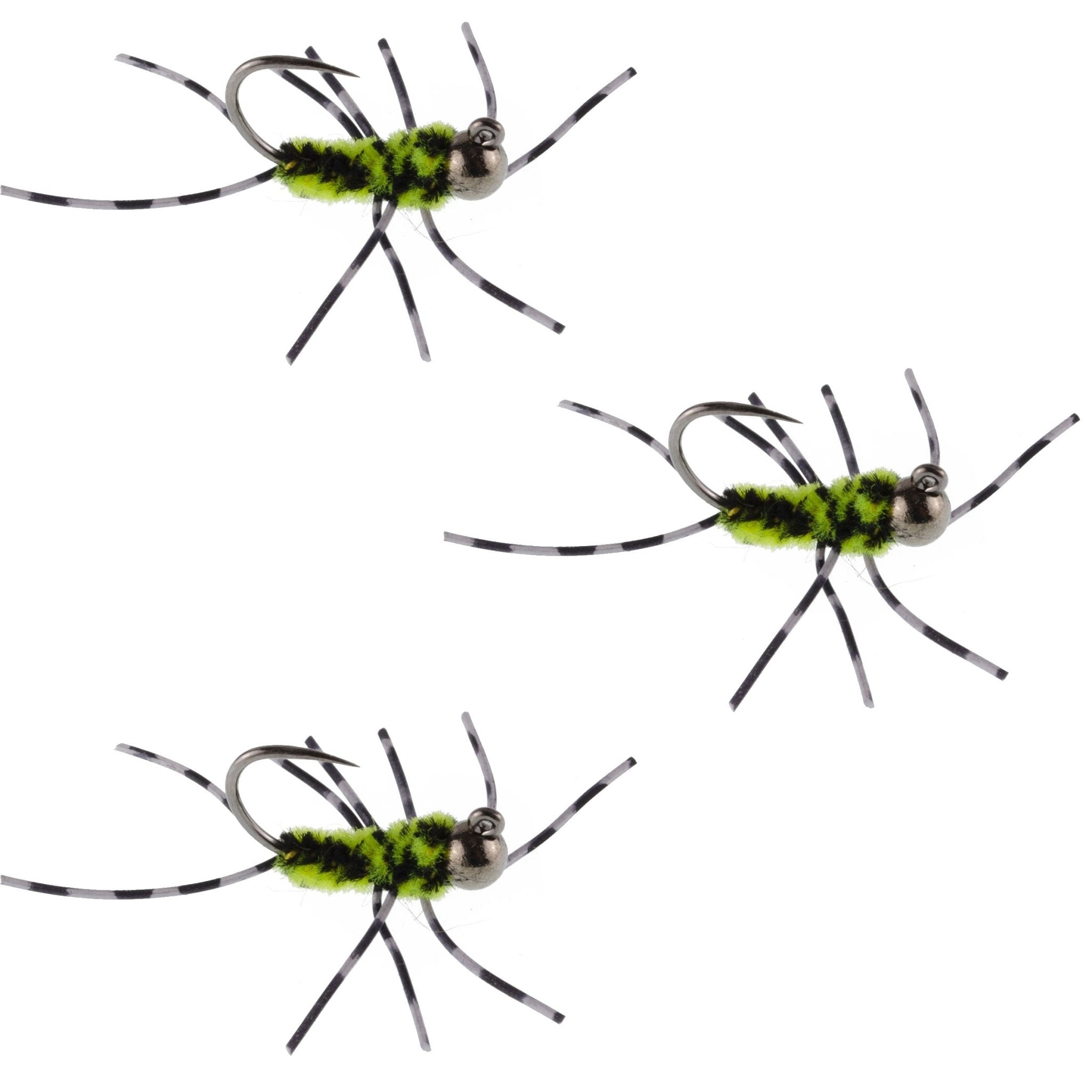 3 Pack Barbless Pat's Barred Rubber Legs Tungsten Bead Jigged Black/Chartreuse Euro Nymph - Hook Size 6 - Get Tight Gear