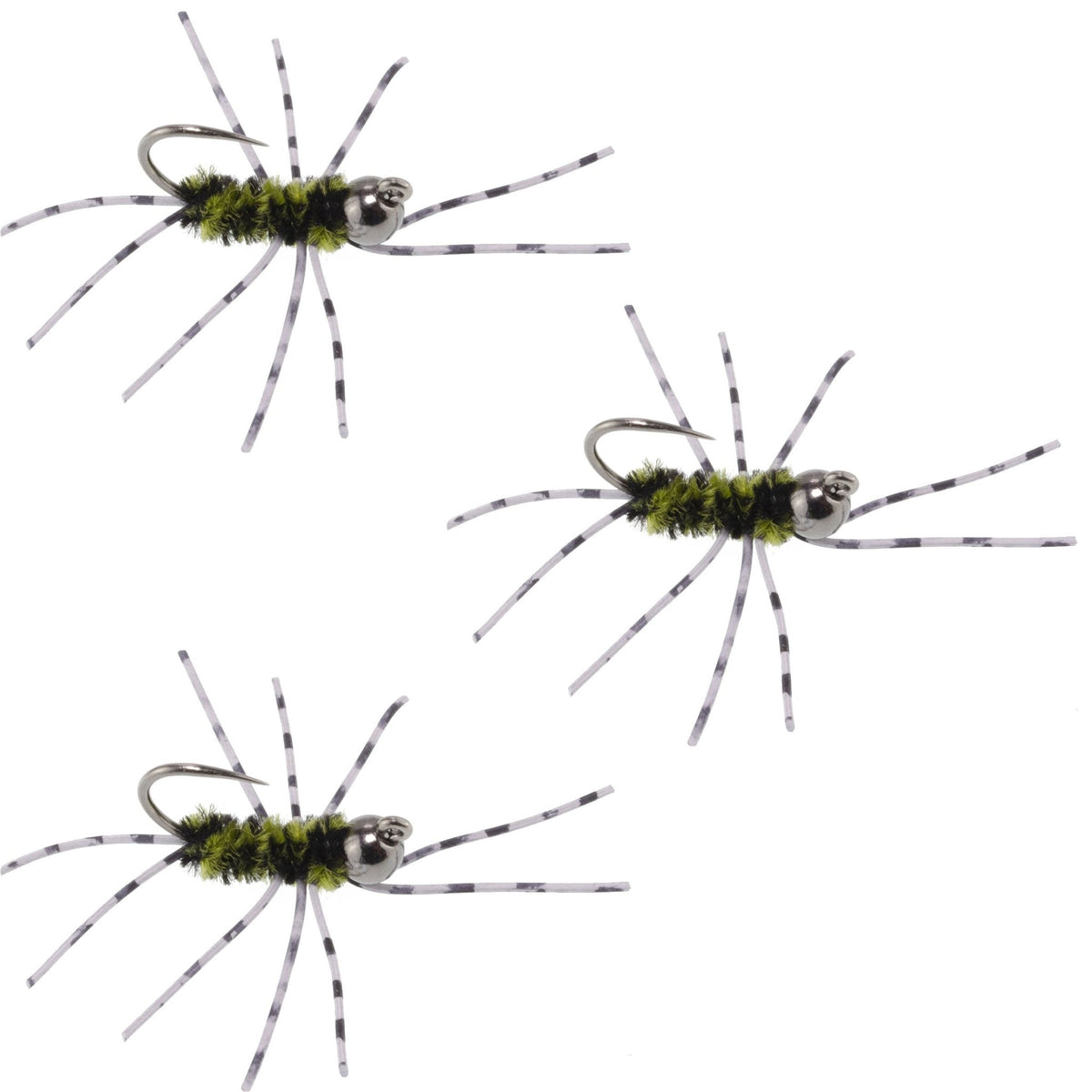 3 Pack Barbless Pat's Barred Rubber Legs Tungsten Bead Jigged Black/Olive Euro Nymph - Hook Size 6 - Get Tight Gear