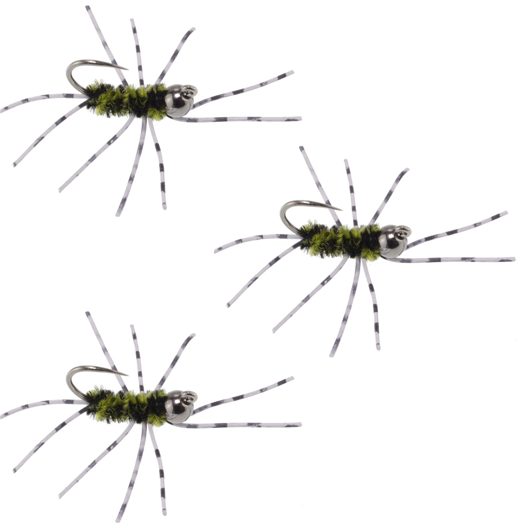 3 Pack Barbless Pat's Barred Rubber Legs Tungsten Bead Jigged Black/Olive Euro Nymph - Hook Size 6 - Get Tight Gear