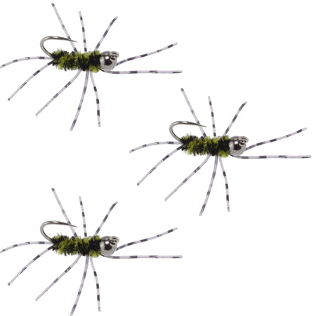 3 Pack Barbless Pat's Barred Rubber Legs Tungsten Bead Jigged Black/Olive Euro Nymph - Hook Size 6 - Get Tight Gear