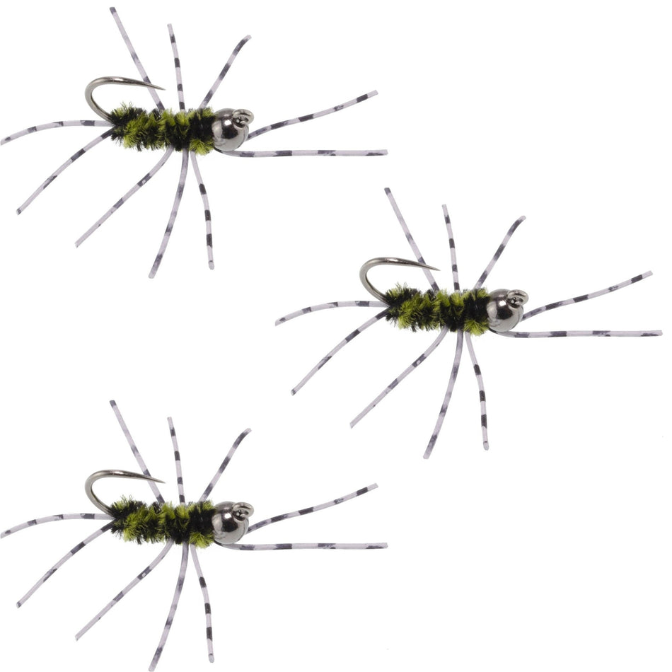 3 Pack Barbless Pat's Barred Rubber Legs Tungsten Bead Jigged Black/Olive Euro Nymph - Hook Size 6 - Get Tight Gear