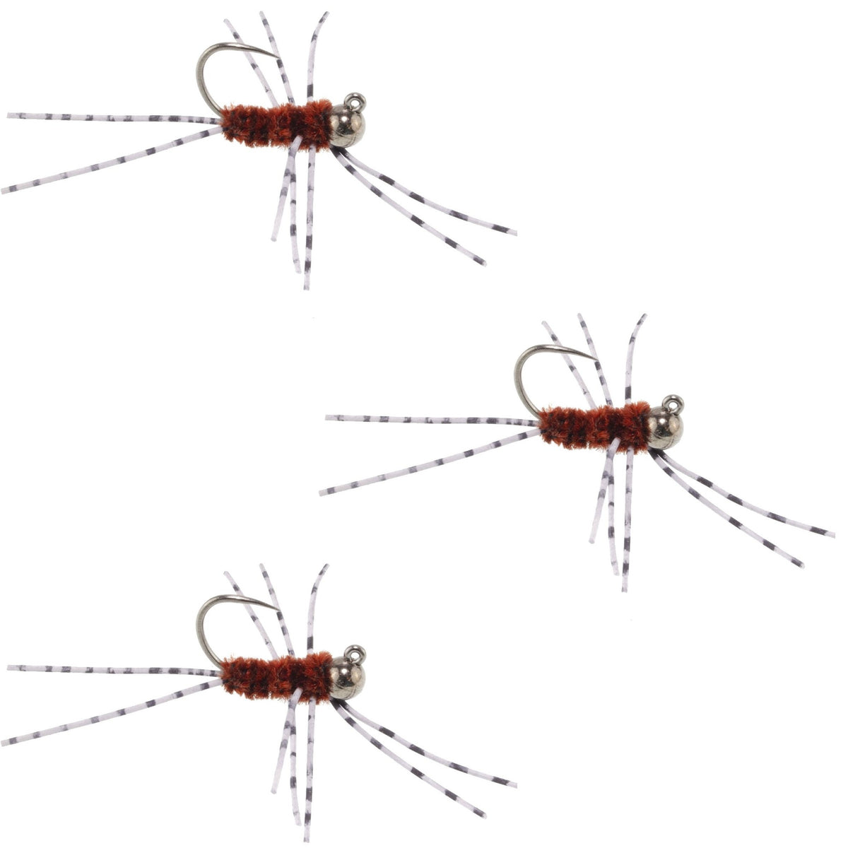 3 Pack Barbless Pat's Barred Rubber Legs Tungsten Bead Jigged Brown Euro Nymph - Hook Size 6 - Get Tight Gear
