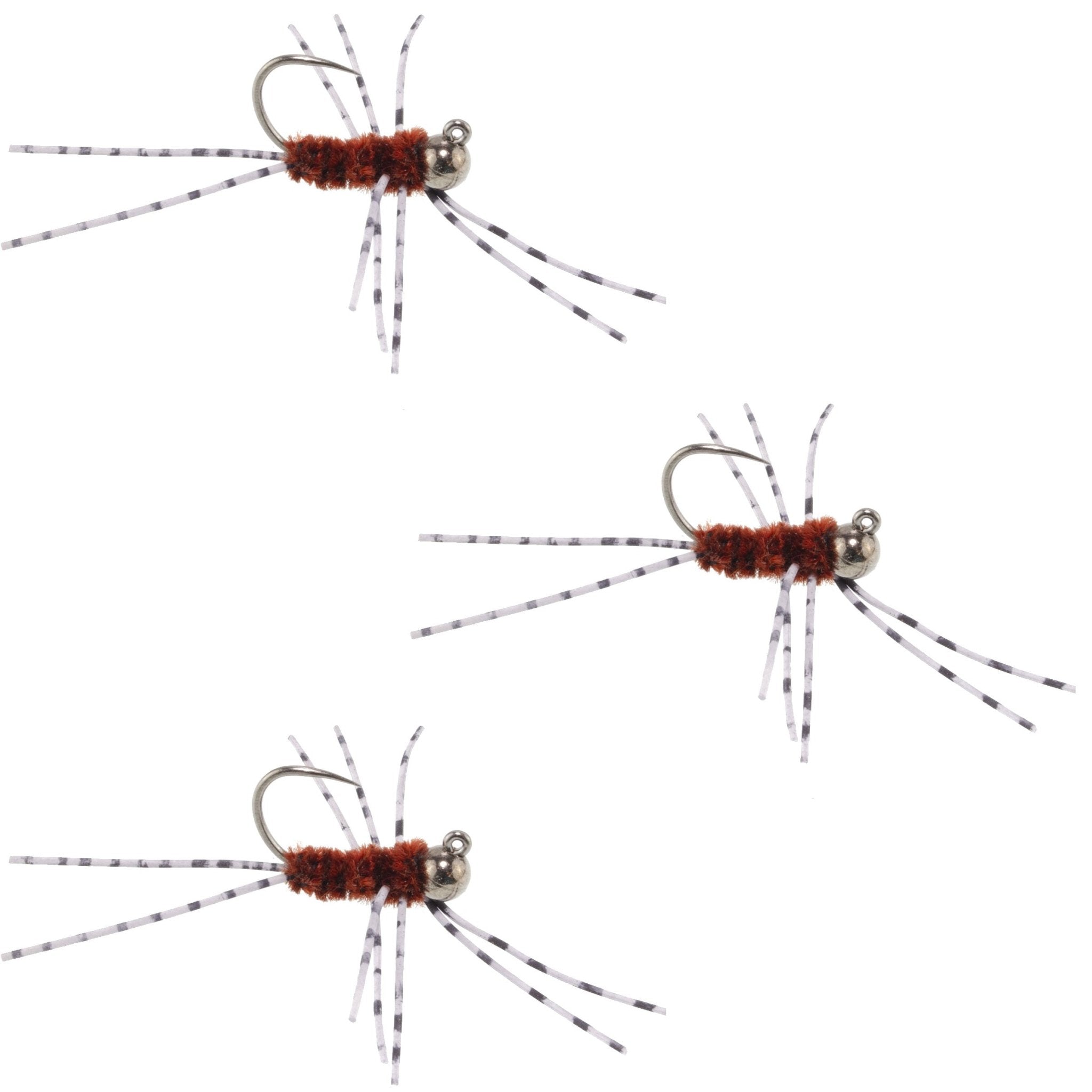 3 Pack Barbless Pat's Barred Rubber Legs Tungsten Bead Jigged Brown Euro Nymph - Hook Size 6 - Get Tight Gear