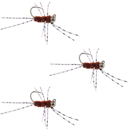 3 Pack Barbless Pat's Barred Rubber Legs Tungsten Bead Jigged Brown Euro Nymph - Hook Size 6 - Get Tight Gear