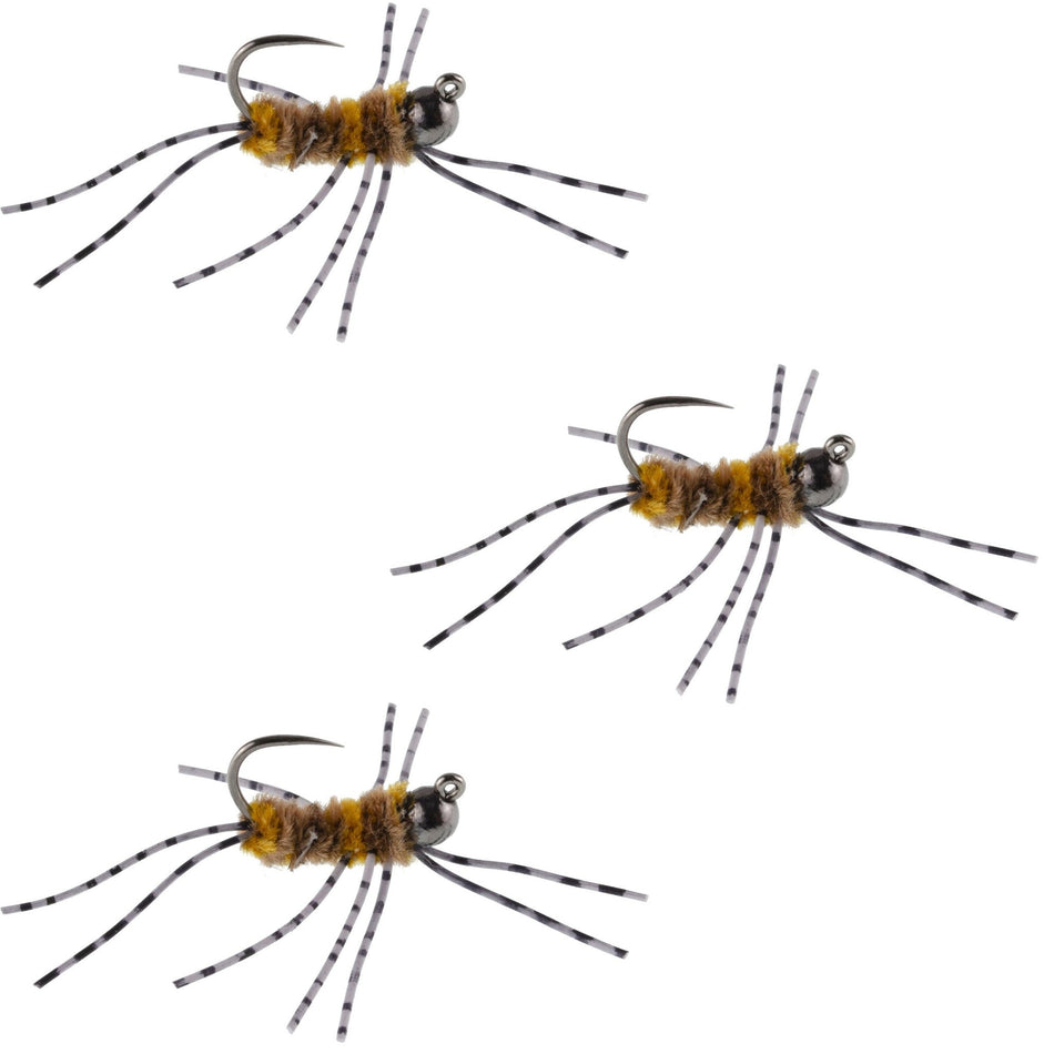 3 Pack Barbless Pat's Barred Rubber Legs Tungsten Bead Jigged Coffee/Tan Euro Nymph - Hook Size 6 - Get Tight Gear