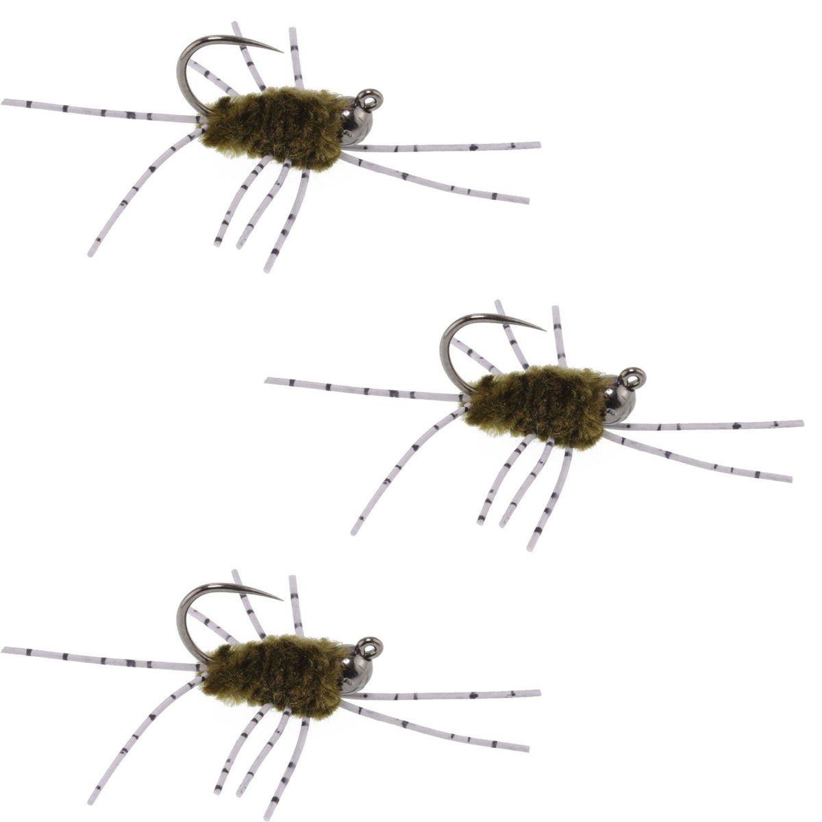 3 Pack Barbless Pat's Barred Rubber Legs Tungsten Bead Jigged Dark Olive Euro Nymph - Hook Size 6 - Get Tight Gear