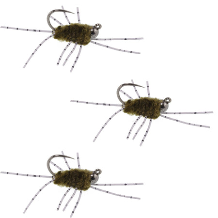 3 Pack Barbless Pat's Barred Rubber Legs Tungsten Bead Jigged Dark Olive Euro Nymph - Hook Size 6 - Get Tight Gear