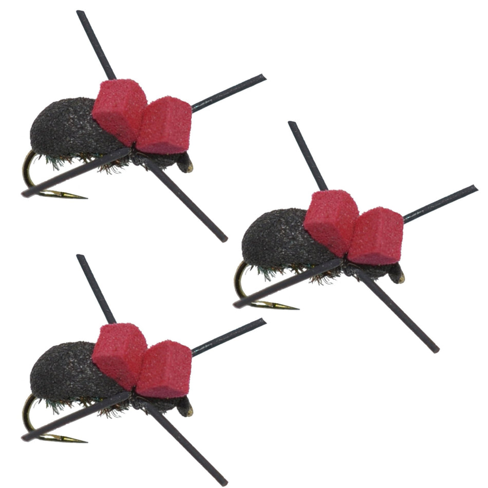 3 Pack Barbless Red Top Black Foam Beetle Terrestrial Trout Dry Fly Fishing Flies - Hook Size 14 - Get Tight Gear