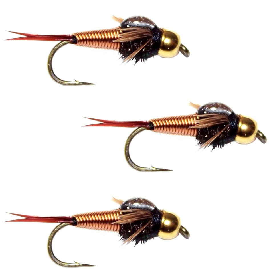 3 Pack Bead Head Copper John Nymph Fly Fishing Flies - Hook Size 16 - Get Tight Gear