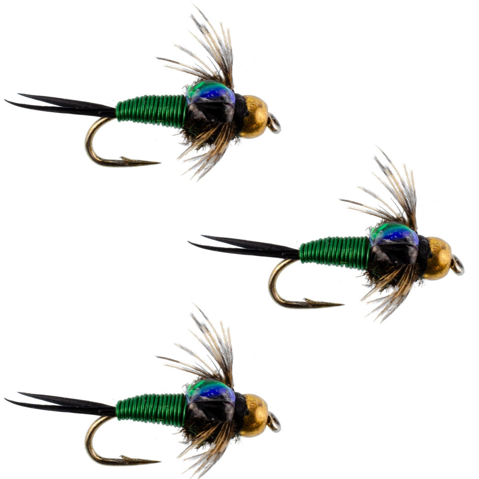 3 Pack Bead Head Green Copper John Nymph Fly Fishing Flies - Hook Size 14 - Get Tight Gear