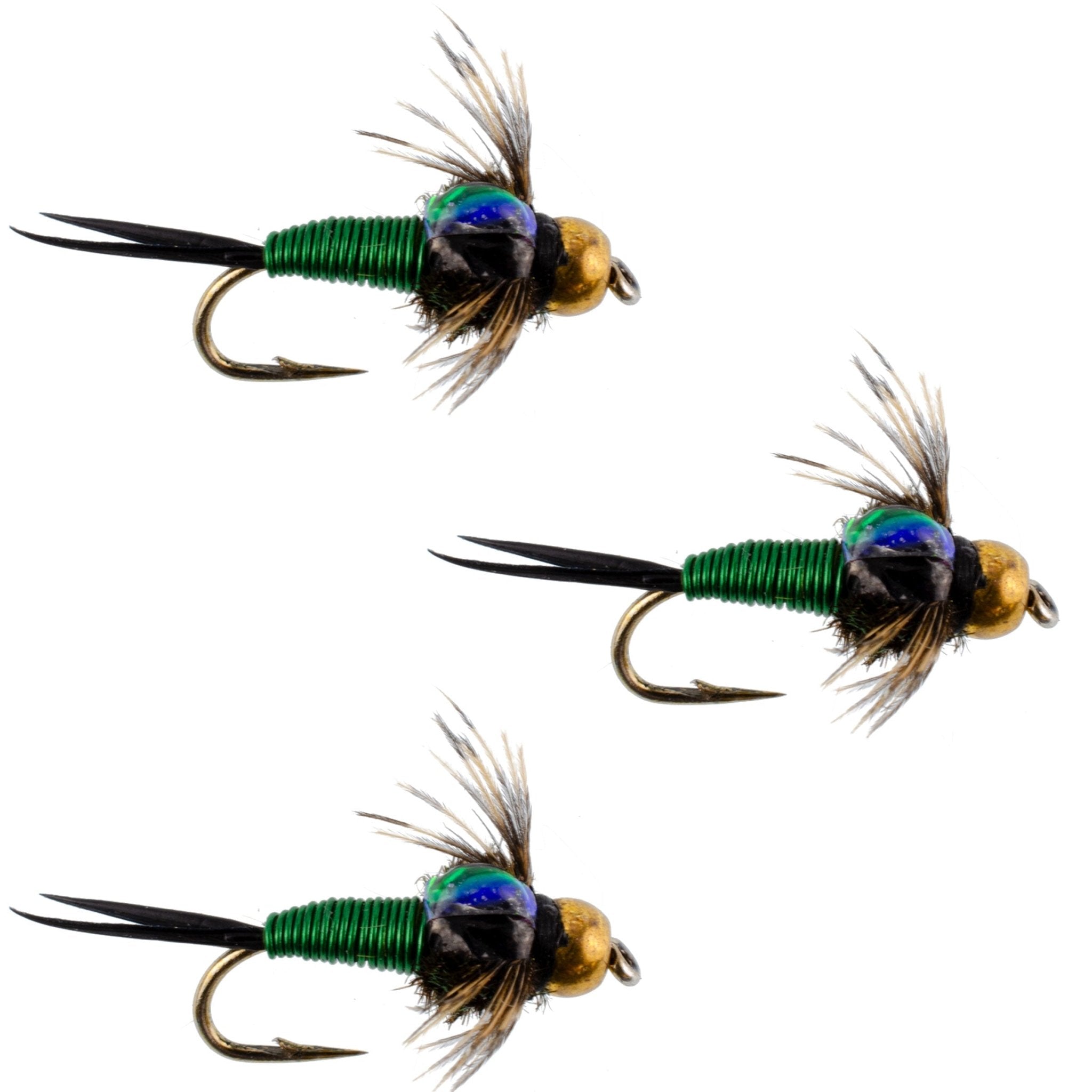 3 Pack Bead Head Green Copper John Nymph Fly Fishing Flies - Hook Size 16 - Get Tight Gear