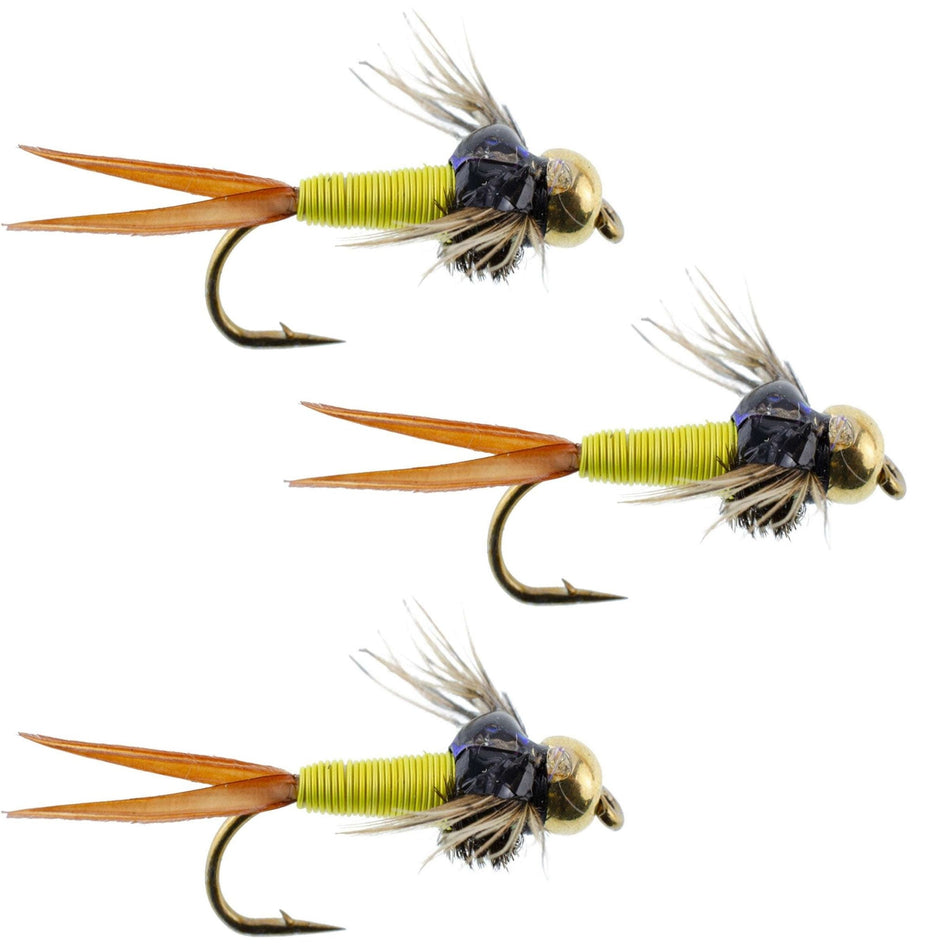 3 Pack Bead Head Hot Yellow Copper John Nymph - Fly Fishing Flies - Hook Size 12 - Get Tight Gear