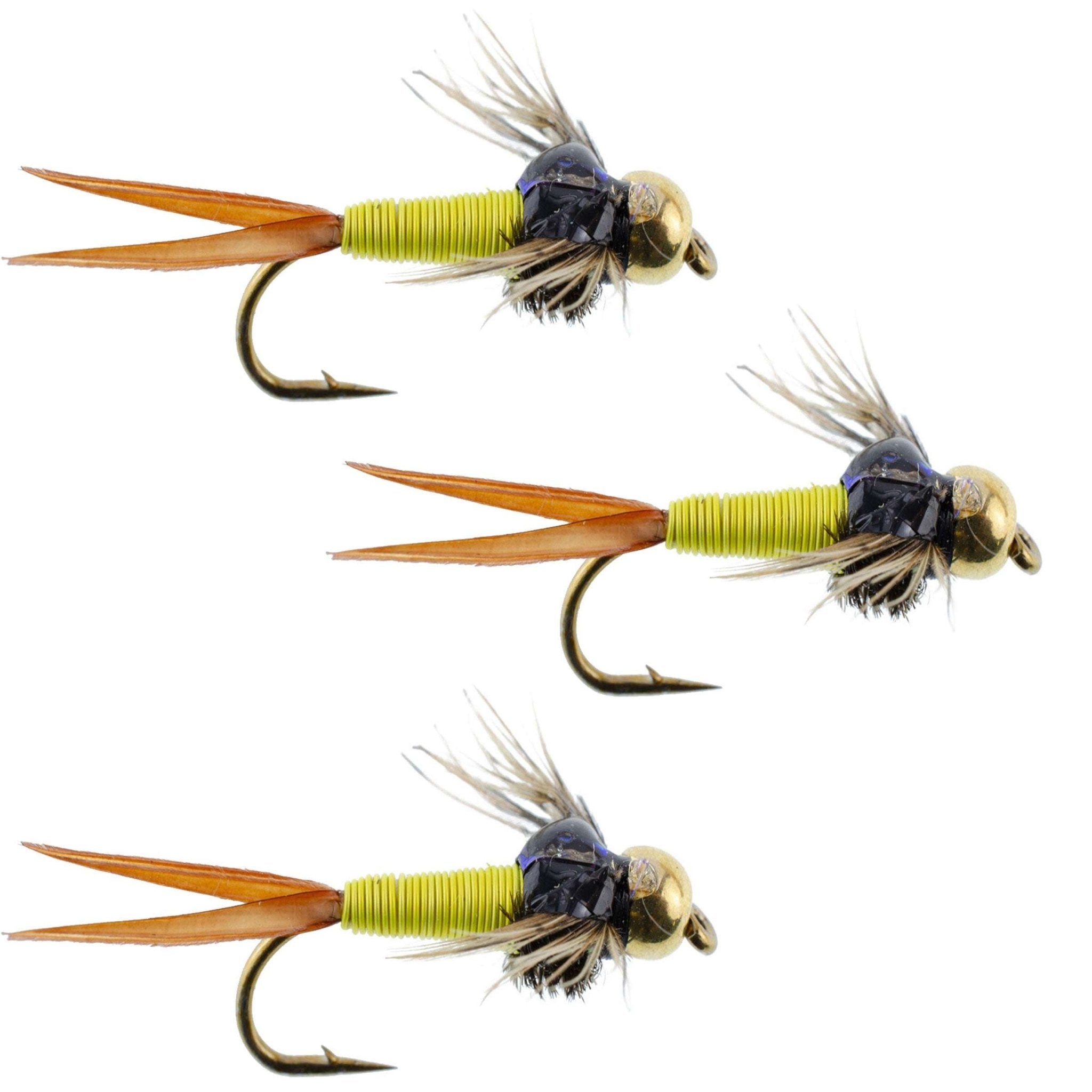 3 Pack Bead Head Hot Yellow Copper John Nymph - Fly Fishing Flies - Hook Size 14 - Get Tight Gear