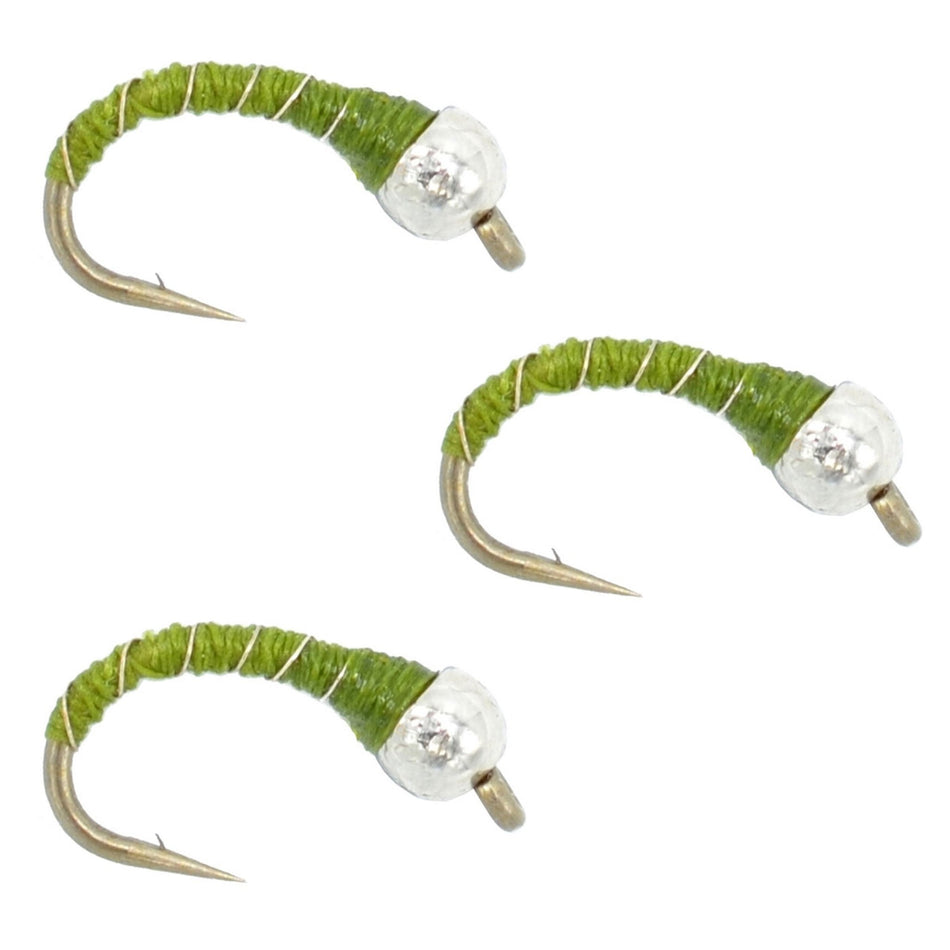 3 Pack Bead Head Olive Zebra Midge Still Water Nymph Fly Fishing Fly Hook Size 14 - Get Tight Gear