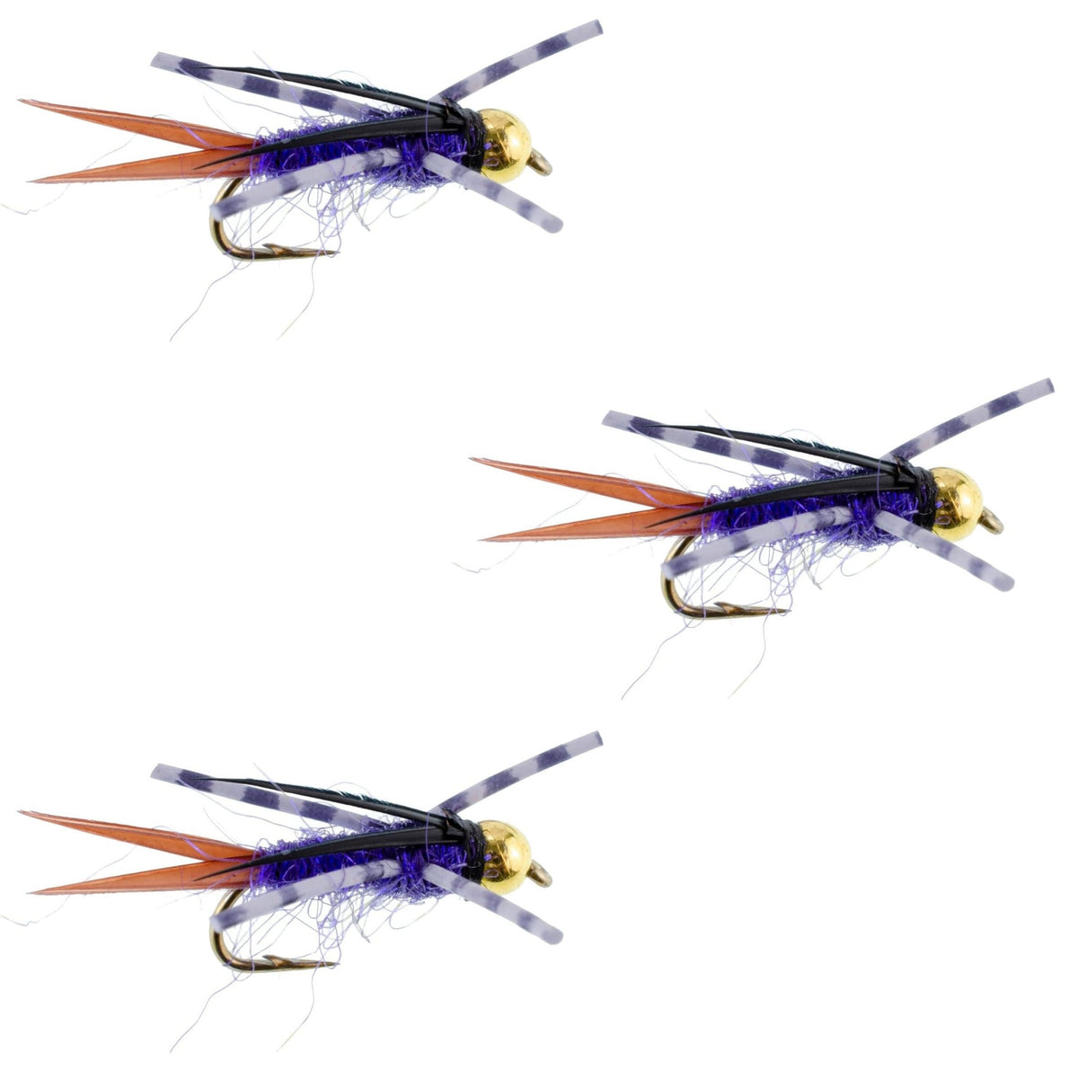 3 Pack Bead Head Purple Batman Rubber Legs Nymph Fly - Hook Size 10 - Get Tight Gear