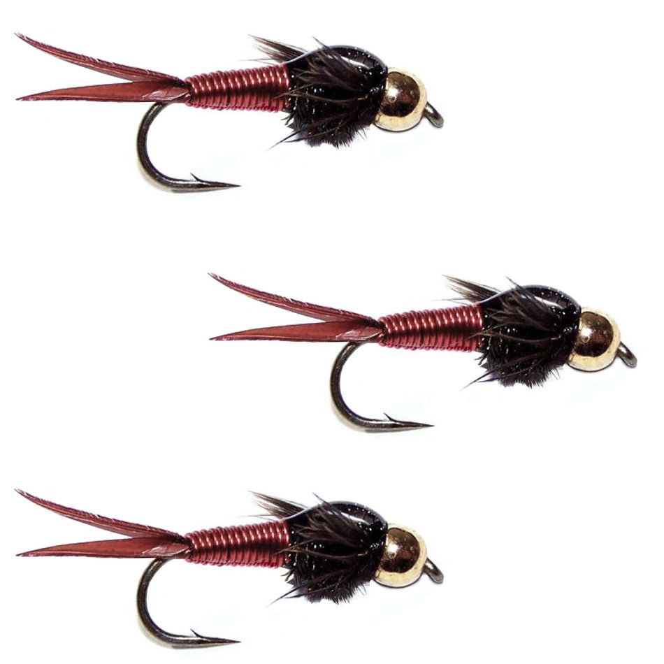 3 Pack Bead Head Red Copper John Nymph Fly Fishing Flies - Hook Size 14 - Get Tight Gear