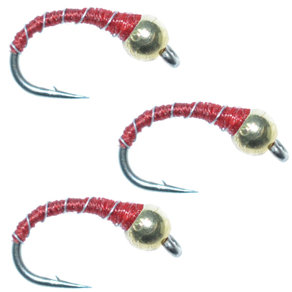3 Pack Bead Head Red Zebra Midge Still Water Nymph Fly Fishing Fly Hook Size 14 - Get Tight Gear