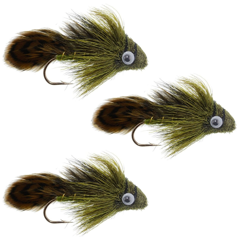 3 Pack Big Eye Olive Sculpin Streamer Flies - Bass and Trout Fly Fishing Flies - Hook Size 2 - Get Tight Gear