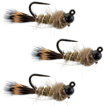 3 Pack Black Tungsten Bead Tactical Hares Ear Czech Nymph Euro Nymphing Fly - Hook Size 12 - Get Tight Gear