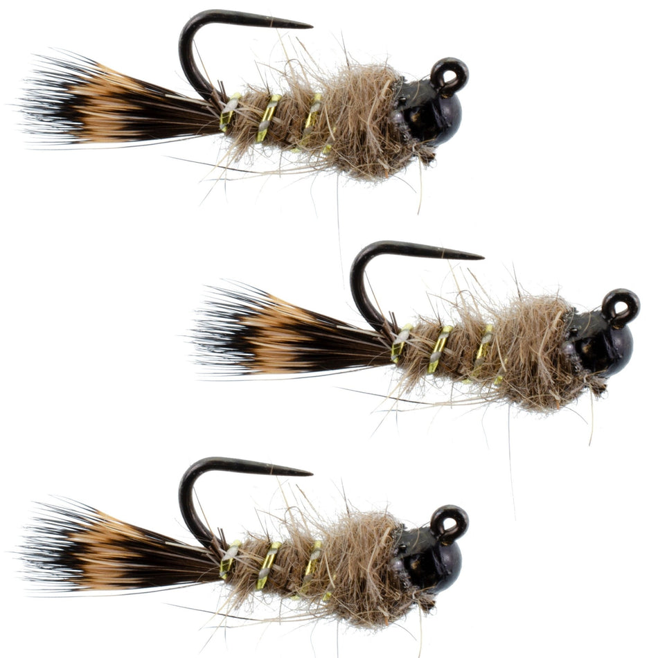 3 Pack Black Tungsten Bead Tactical Hares Ear Czech Nymph Euro Nymphing Fly - Hook Size 16 - Get Tight Gear