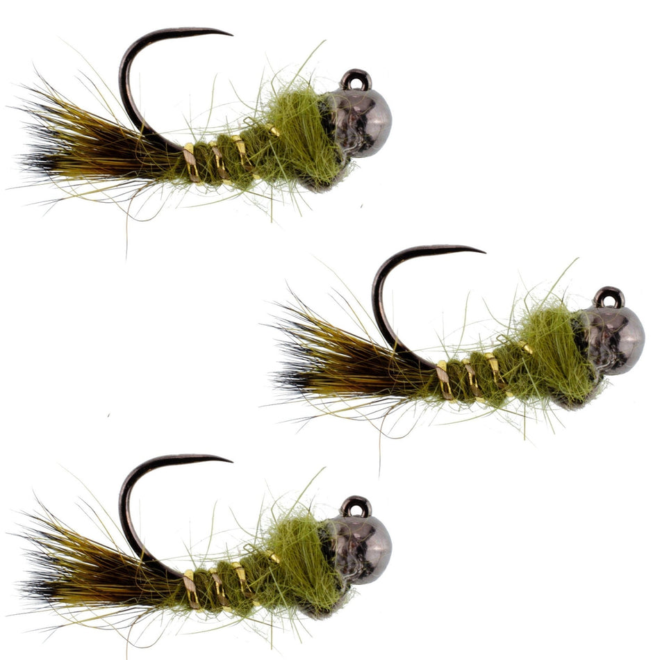 3 Pack Black Tungsten Bead Tactical Olive Hares Ear Czech Nymph Euro Nymphing Fly - Hook Size 12 - Get Tight Gear