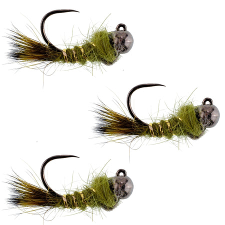 3 Pack Black Tungsten Bead Tactical Olive Hares Ear Czech Nymph Euro Nymphing Fly - Hook Size 14 - Get Tight Gear