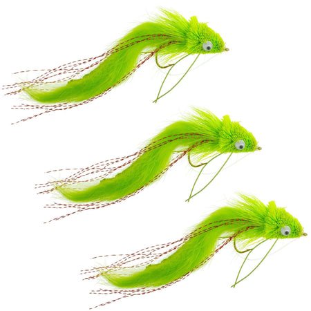 3 Pack Chartreuse Rabbit Strip Deer Hair Diver Size 4 - Bass Fly Fishing Bug Wide Gape Bass Hooks With Weed Guard - Get Tight Gear